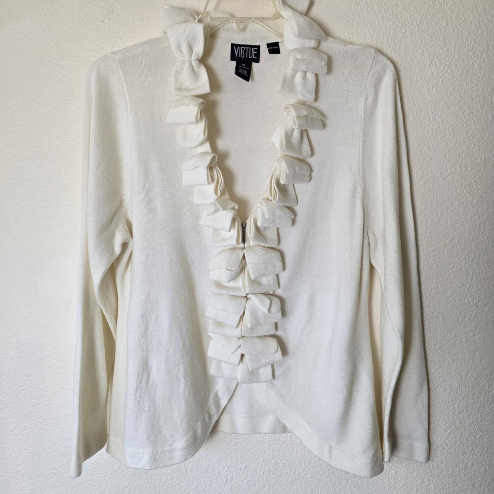 Vtg Virtue Women's Sz XL Ruffle Knit Cardigan Sweater Boho Coquette Y2k Full Zip